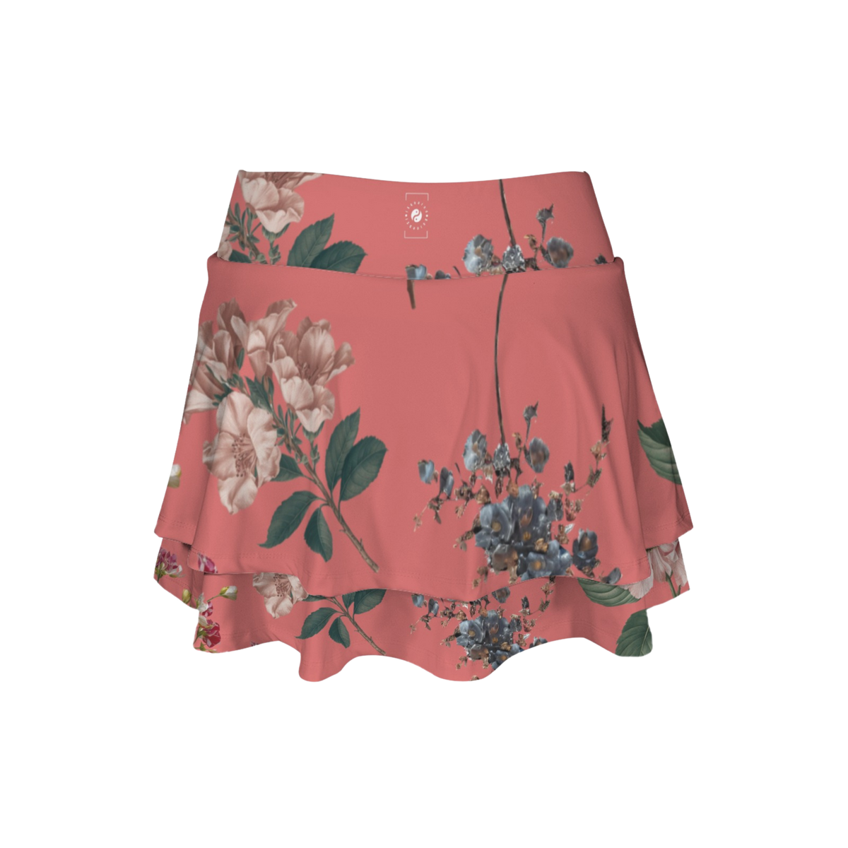 Botanicals iSquared Ruffle Skirt with high waist, layered ruffle hem, and built-in shorts in botanical print