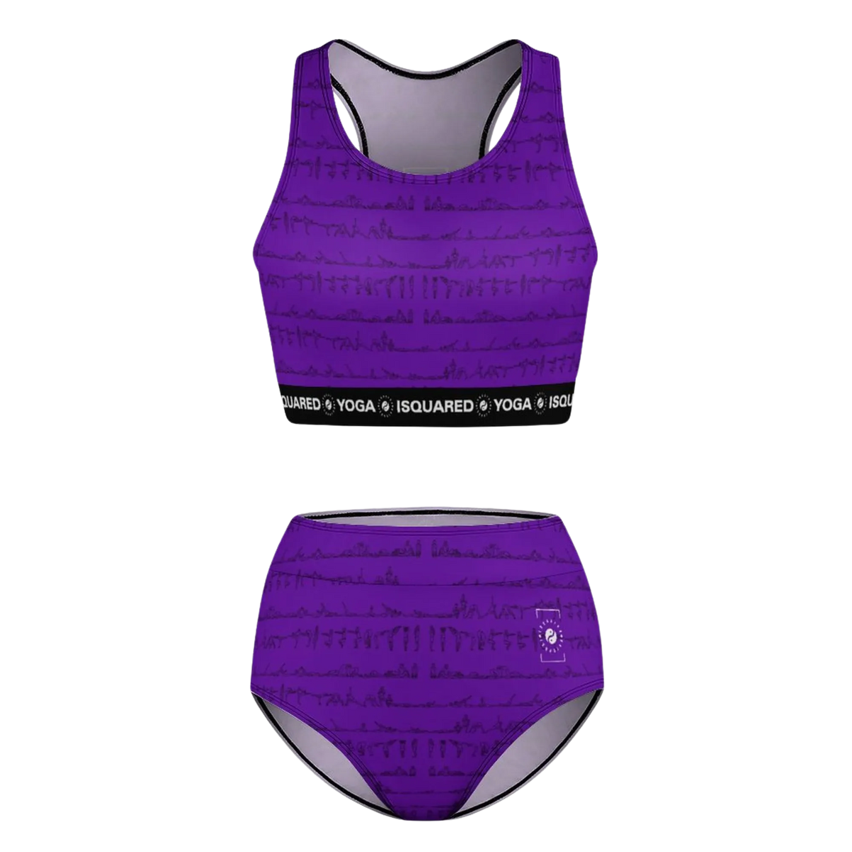 Purple hot yoga bikini set featuring a patterned sports bra and high-waisted bottom, accented with a black waistband.