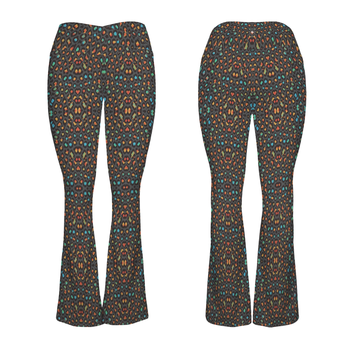 Cross waisted flare leggings featuring a colorful leopard print design in shades of orange, blue, and black.