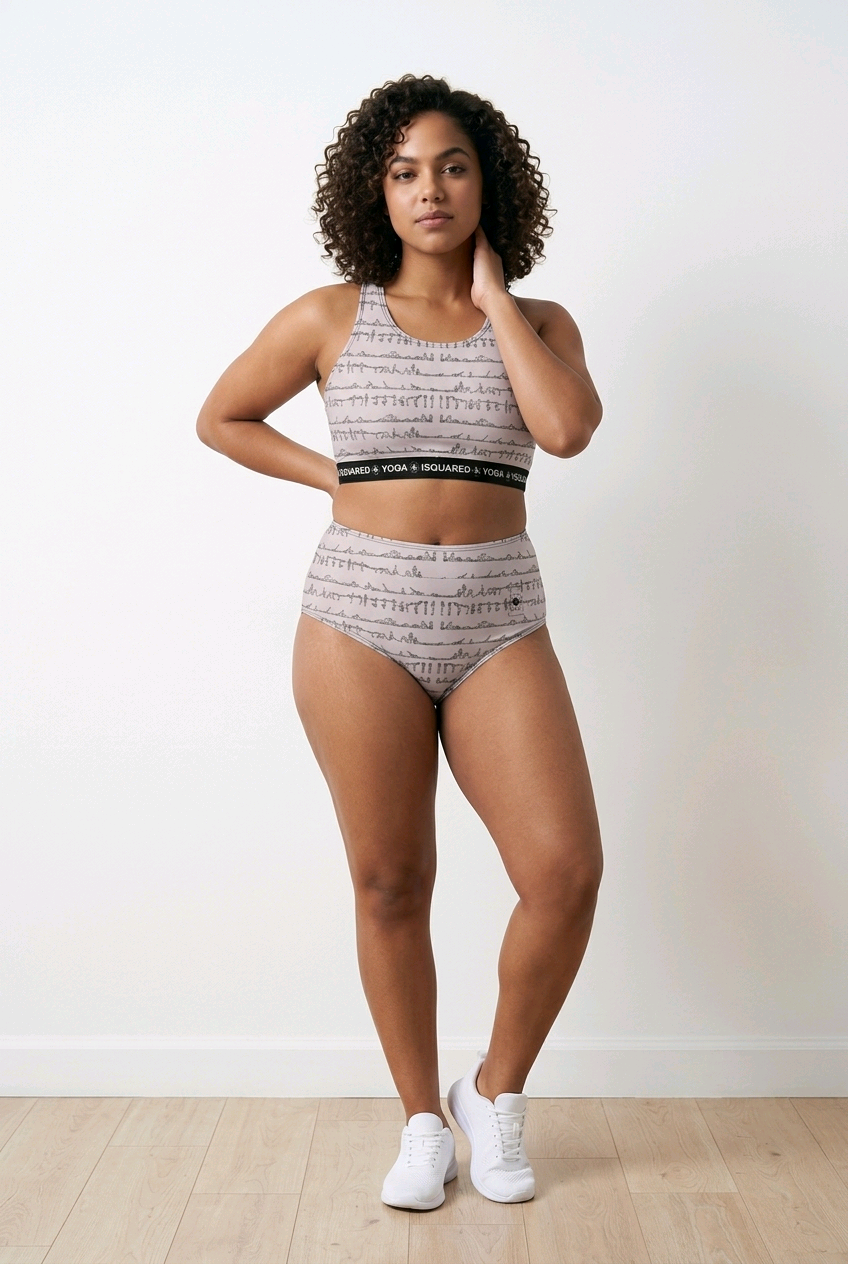 Bikram Pastel hot yoga bikini set in soft grey with a subtle pattern, worn with a supportive crop top and high-waisted bottoms.