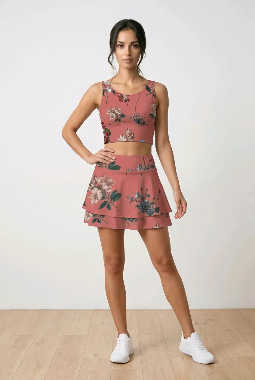 Botanicals iSquared Ruffle Skirt with high waist, layered ruffle hem, and built-in shorts in botanical print