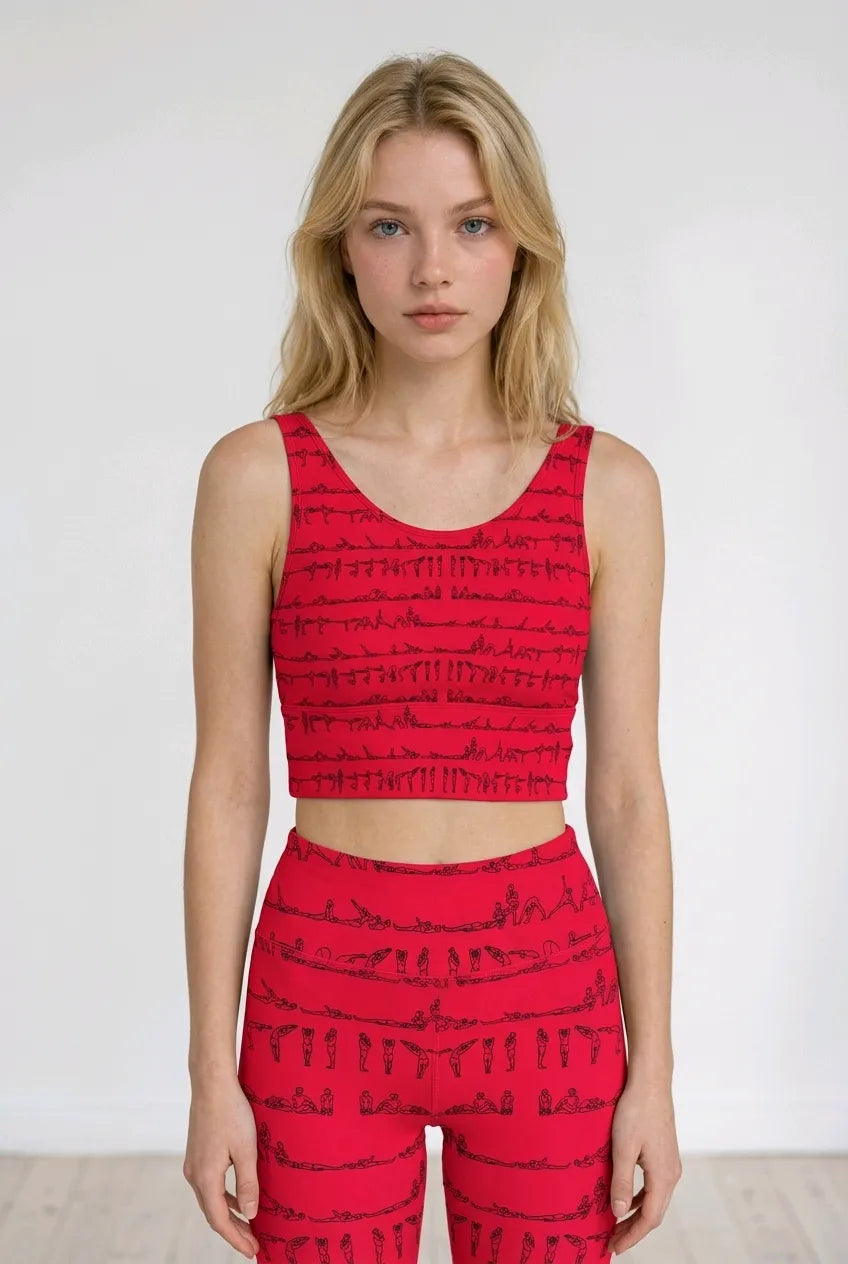 Bikram Series iSquared Crop Top with all-over yoga pose print, padded support, cropped fit, and U-back design