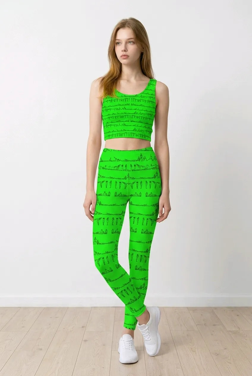 Bright green iSquared Pocket Leggings displayed on a model, featuring a high-rise waistband and intricate yoga posture print.