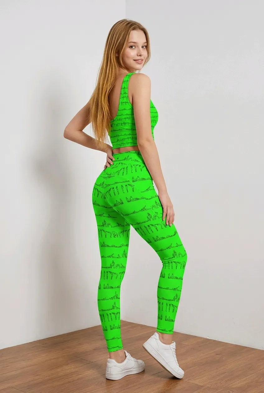 Bikram Series iSquared Pocket Leggings in bright green with a yoga pose print, high-rise fit, and snug style, worn with a cropped top.