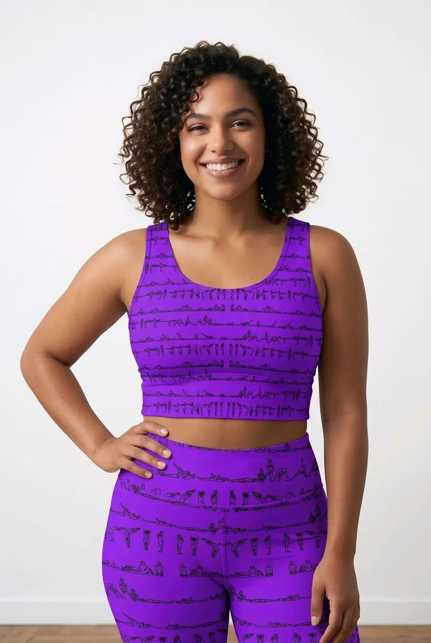 Bikram Series iSquared Crop Top with all-over yoga pose print, padded support, cropped fit, and U-back design