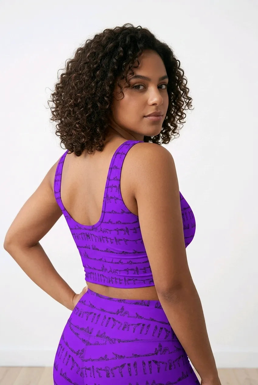 Bikram Series iSquared Crop Top with all-over yoga pose print, padded support, cropped fit, and U-back design