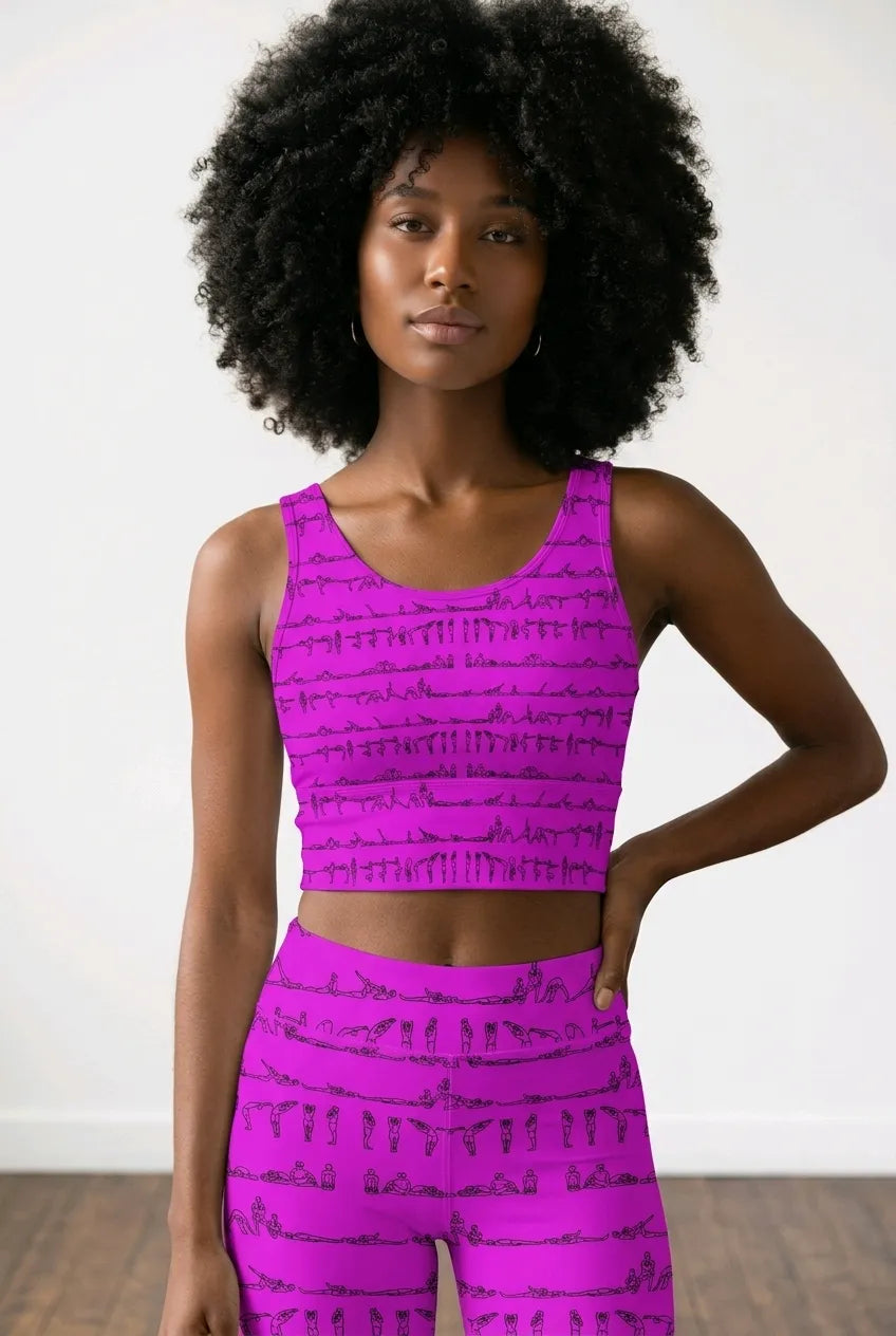 Bikram Series iSquared Crop Top with all-over yoga pose print, padded support, cropped fit, and U-back design