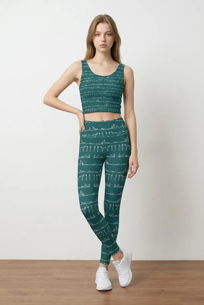 Bikram Ember iSquared Pocket Leggings in dark teal with a yoga-inspired graphic print, paired with a matching crop top.