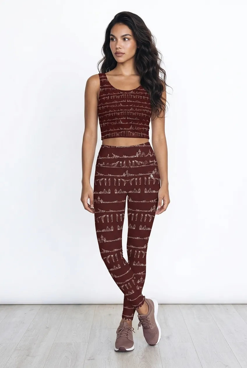 Bikram Ember pocket leggings in burgundy with a unique pattern, paired with a matching crop top, styled with sneakers.
