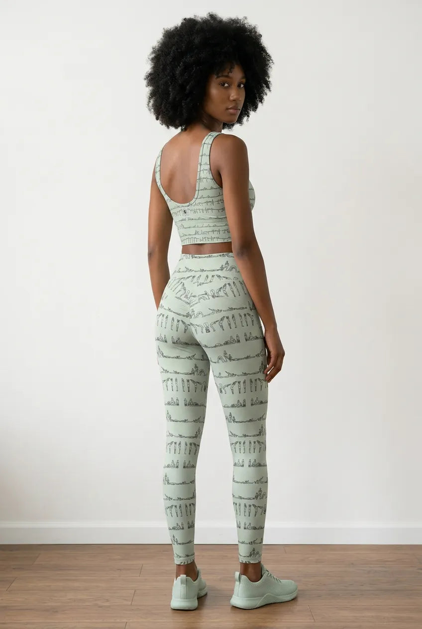 Bikram Pastel iSquared Pocket Leggings in cream with black yoga poses print, featuring a high-rise waistband and side pocket.