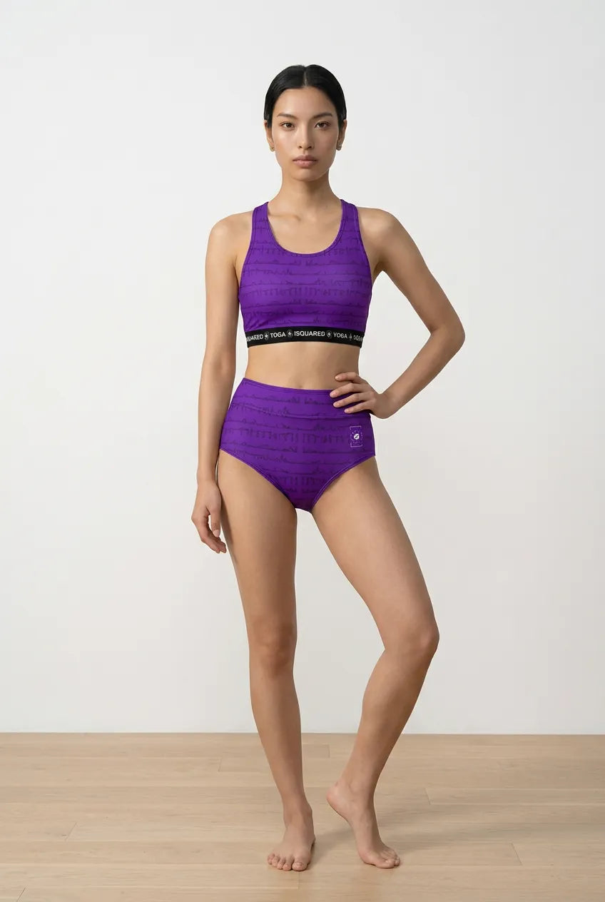 Neon purple Bikram Series hot yoga bikini set featuring a fitted sports bra with a black logo band and high-waisted bottoms.