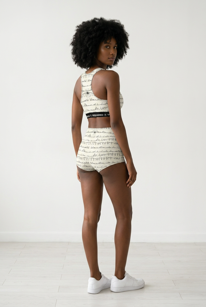 Bikram Series Hot Yoga Bikini Set in cream with abstract designs, featuring a racerback top and high-waisted shorts.