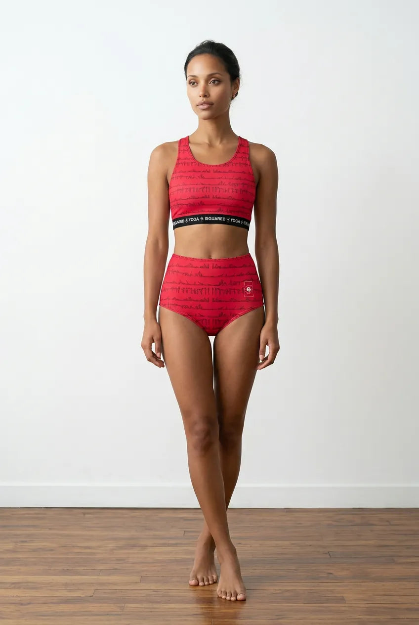 Neon red hot yoga bikini set featuring a high-waisted bottom and a cropped top with a black branded band.