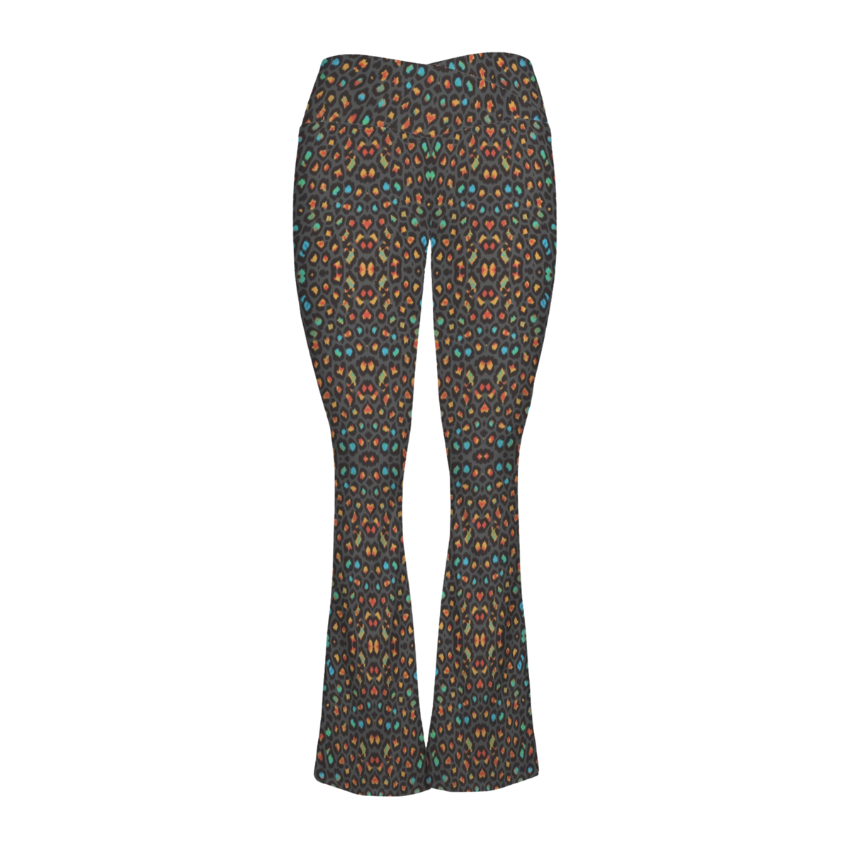 Cross waisted flare leggings in a vibrant leopard print, featuring a mix of orange, blue, and black colors.