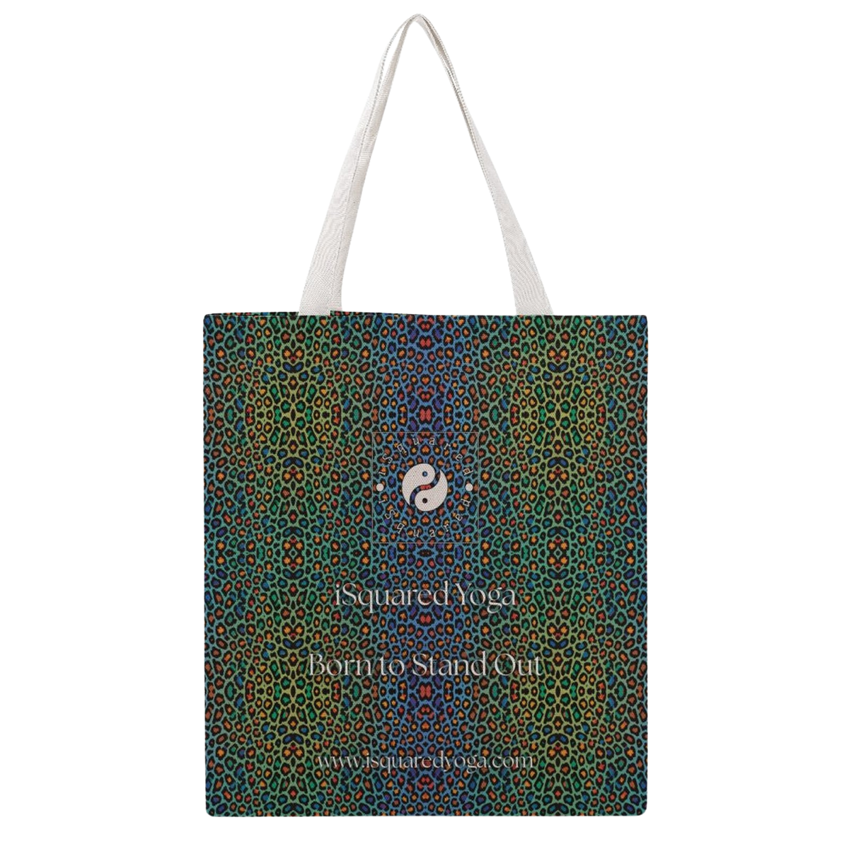 Colorful tote bag featuring a vibrant wild leopard print in greens, blues, and reds, with white shoulder straps.