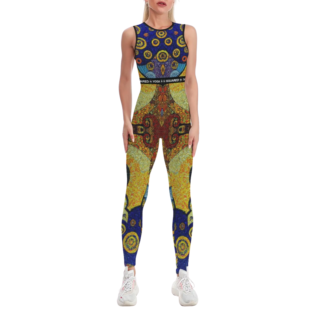Sleeveless athletic jumpsuit featuring a vibrant, multi-colored pattern with a figure-enhancing fit.