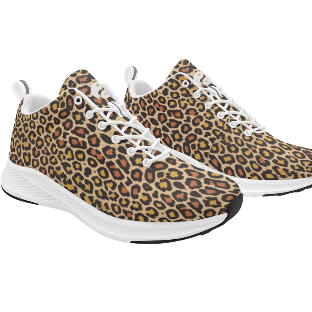 Leopard print running shoes featuring a mix of golden, black, and subtle orange spots with white soles and laces.