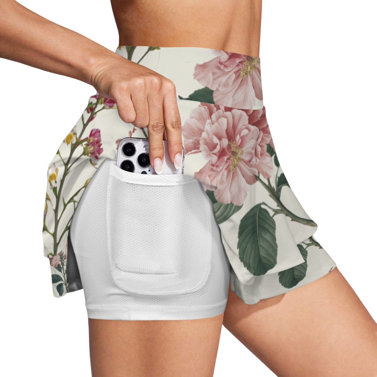 Botanicals iSquared Ruffle Skirt with high waist, layered ruffle hem, and built-in shorts in botanical print