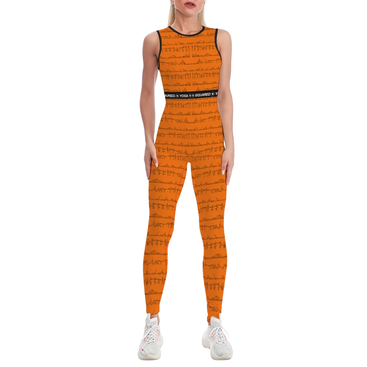 Sleeveless orange jumpsuit featuring a Bikram yoga print, styled with a fitted silhouette and a contrasting waistband.