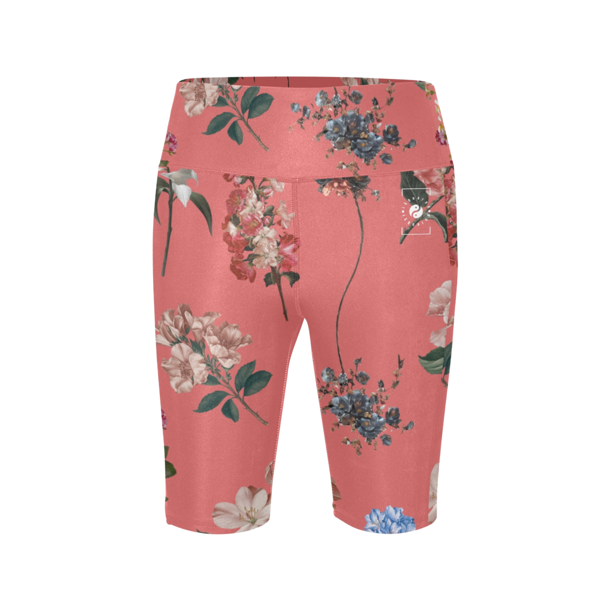 High-waisted pink biker shorts adorned with colorful floral prints, featuring side pockets for essentials.