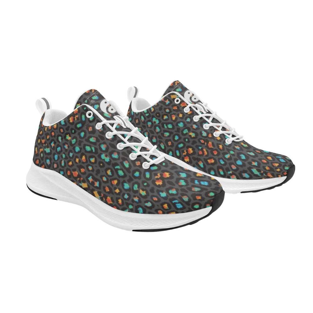 Men's runners featuring a vibrant black base with colorful leopard spots in orange, blue, and green shades.