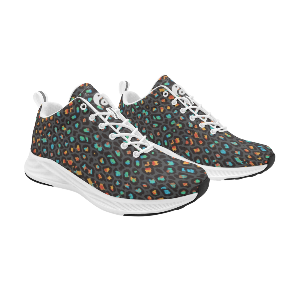 Men's runners featuring a vibrant black base with colorful leopard spots in orange, blue, and green shades.