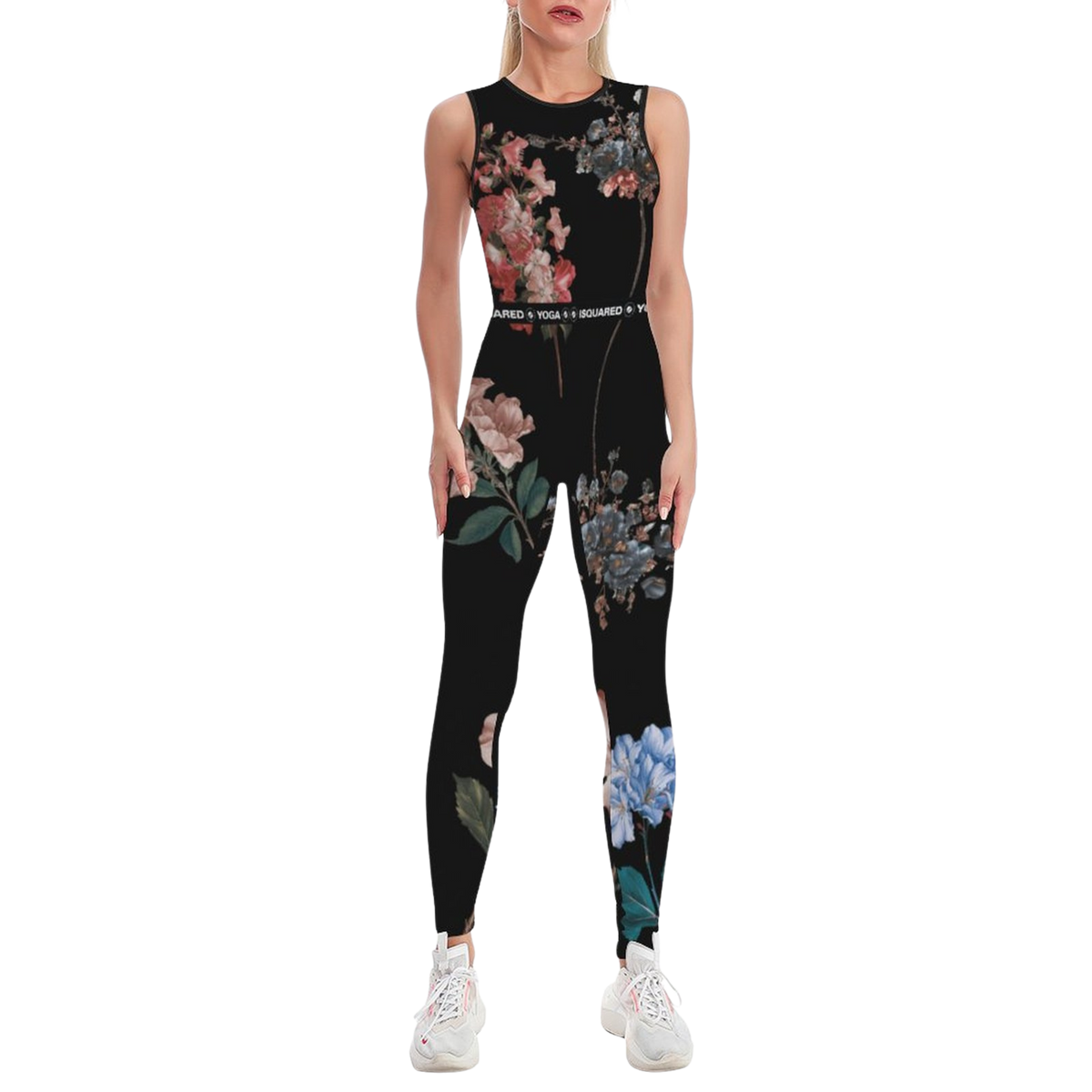 Sleeveless black jumpsuit featuring colorful botanical prints, fitted design, and a comfortable stretchy fit.