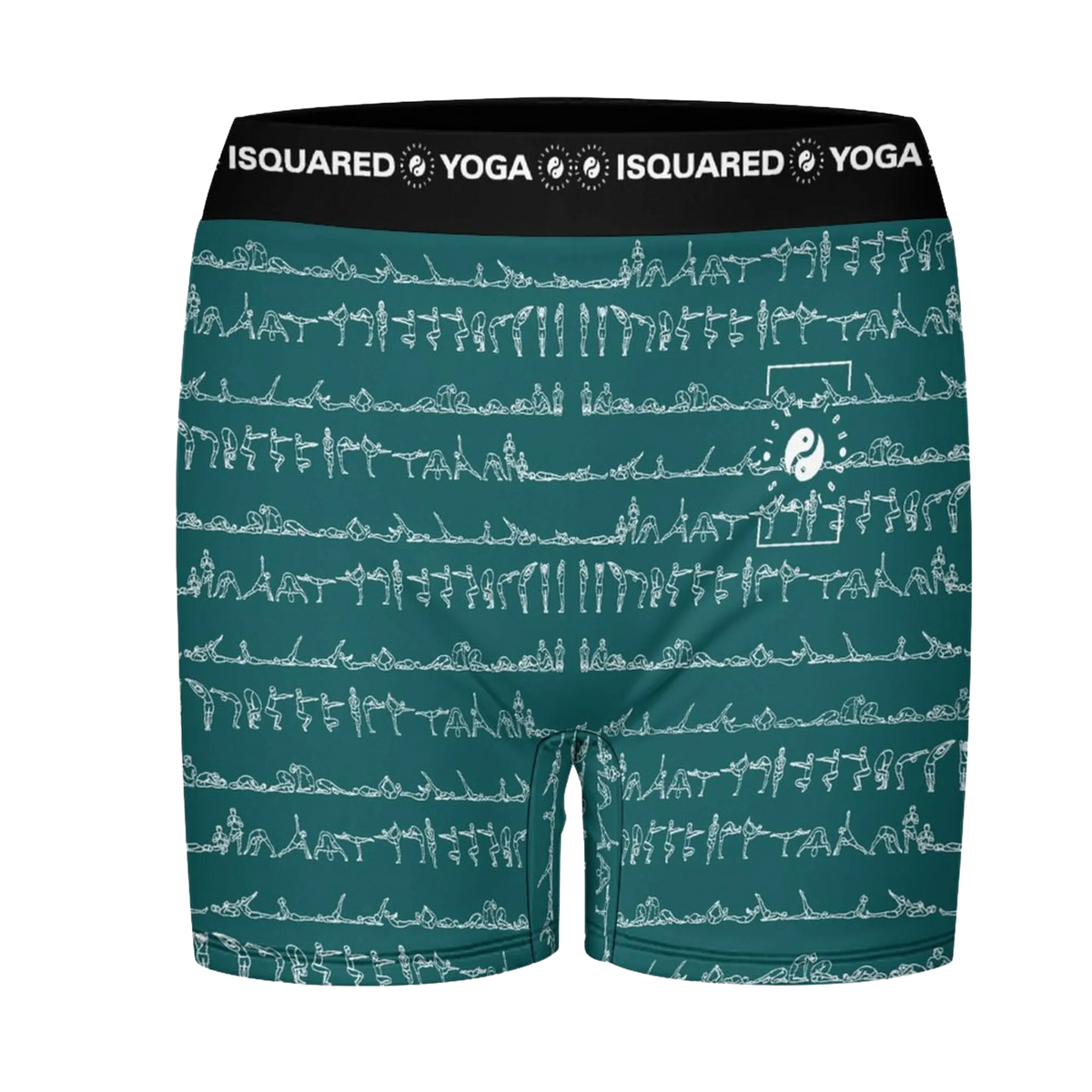 Teal Bikram Ember yoga shorts featuring a white yoga pose print. Designed with a wide black waistband for comfort.
