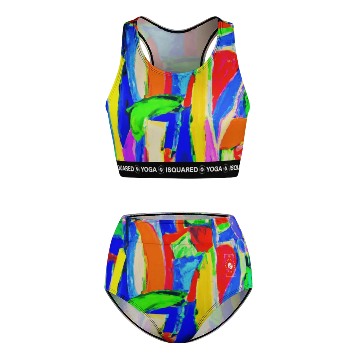 Colorful Hot Yoga Bikini Set featuring a cropped, sleeveless top and high-waisted bottoms with an abstract pattern.