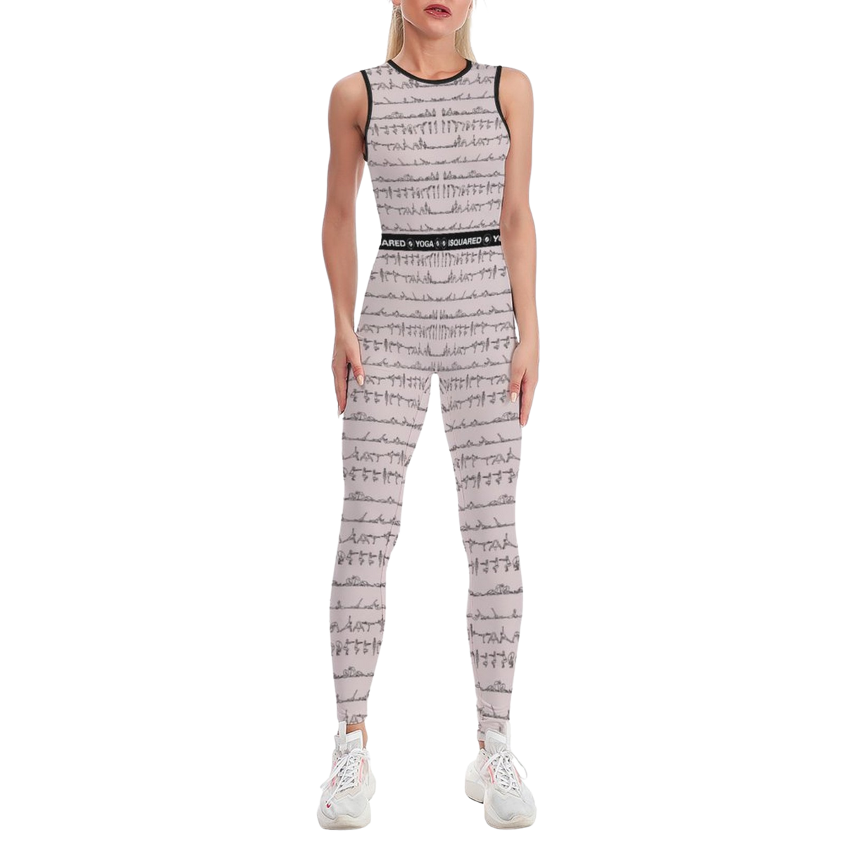 Light grey sleeveless jumpsuit featuring a subtle pattern, fitted style, and a black waistband; model wearing white sneakers.