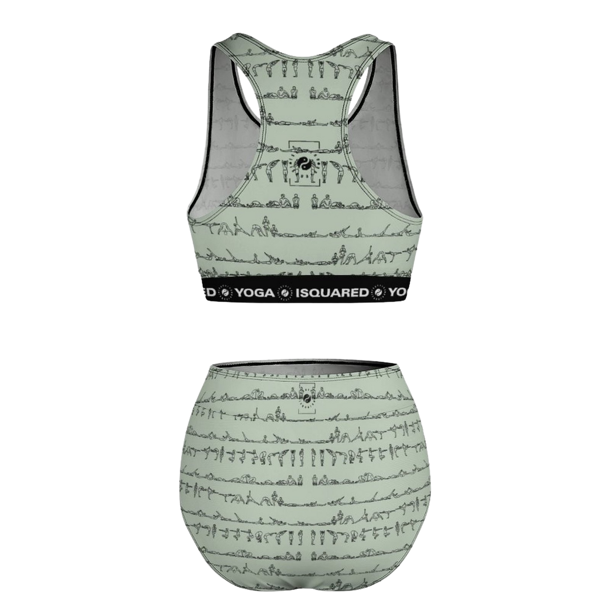 Bikram Pastel hot yoga bikini set in soft green, featuring a design of yoga poses and a supportive band.