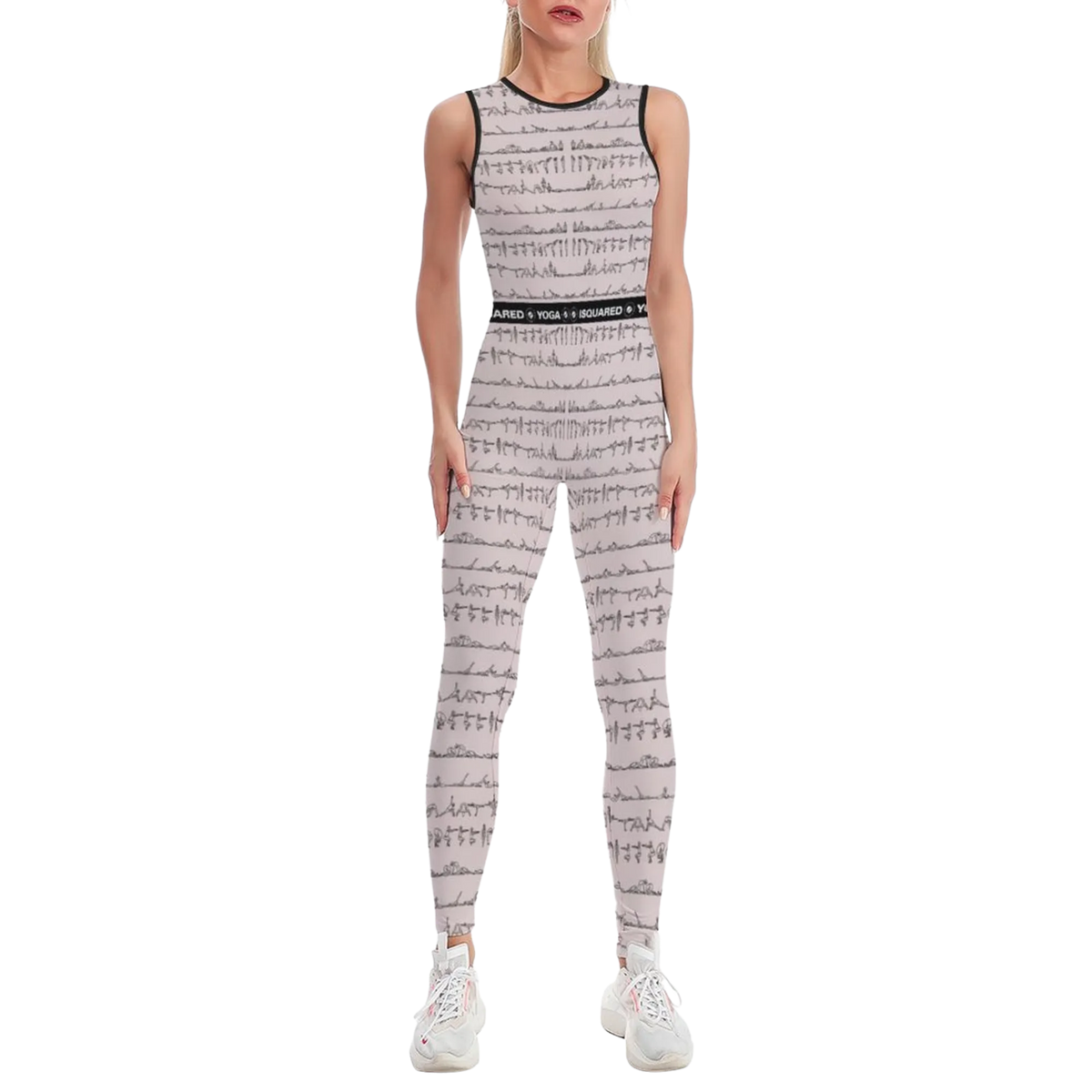 Bikram Pastel jumpsuit in soft grey, featuring a body-contouring fit, sleeveless design, and yoga posture pattern.