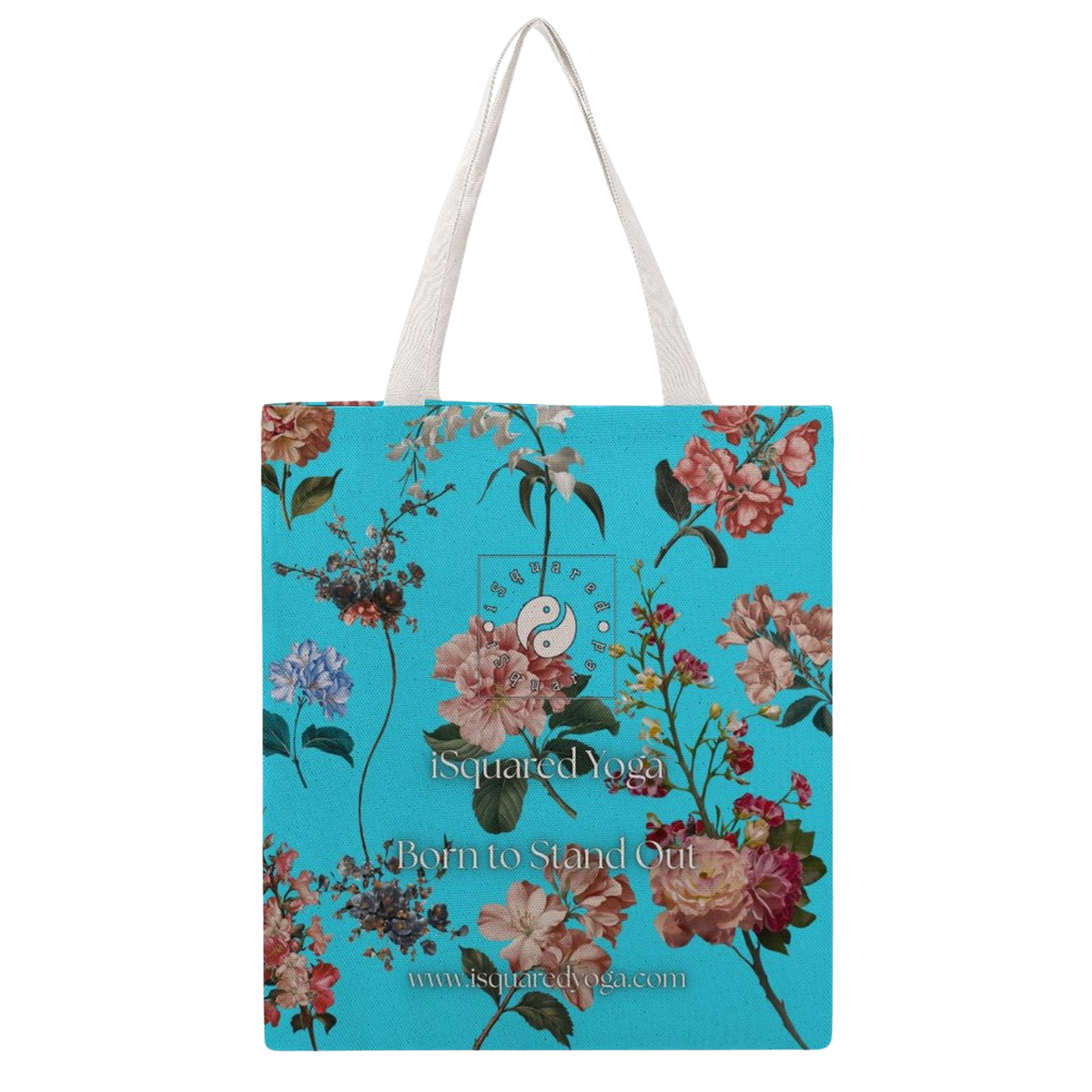 Botanicals iSquared Tote Bag featuring vibrant floral prints on a turquoise background, with white shoulder straps.