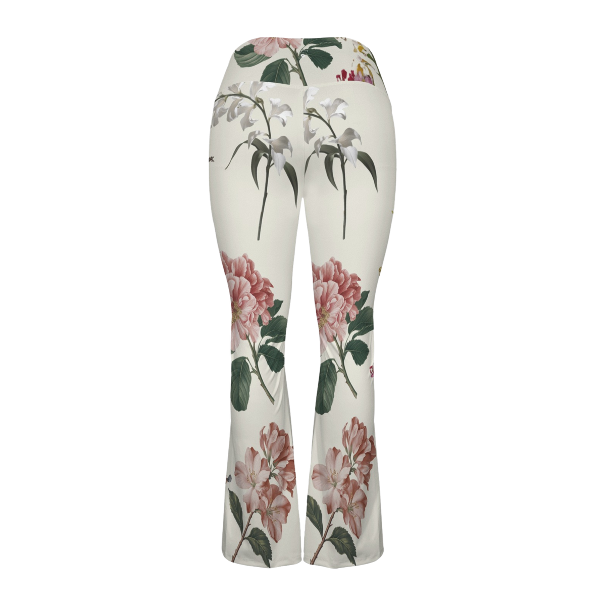 Floral-patterned Cross Waisted Flair Leggings in soft cream, featuring pink and white botanical prints and a flared silhouette.