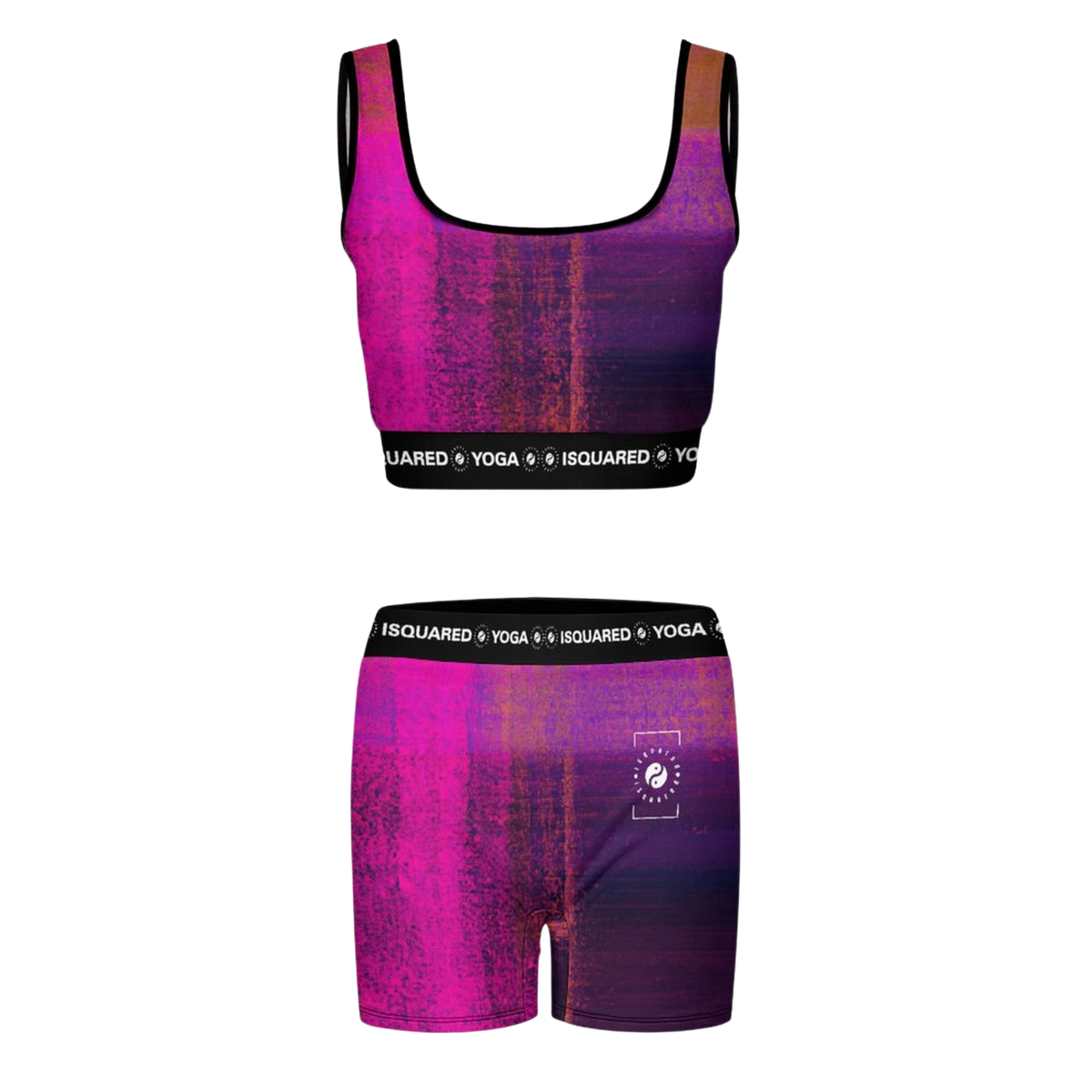 Brightly colored iSquared Yoga Set featuring a crop top and shorts in shades of pink and purple with a logo band.