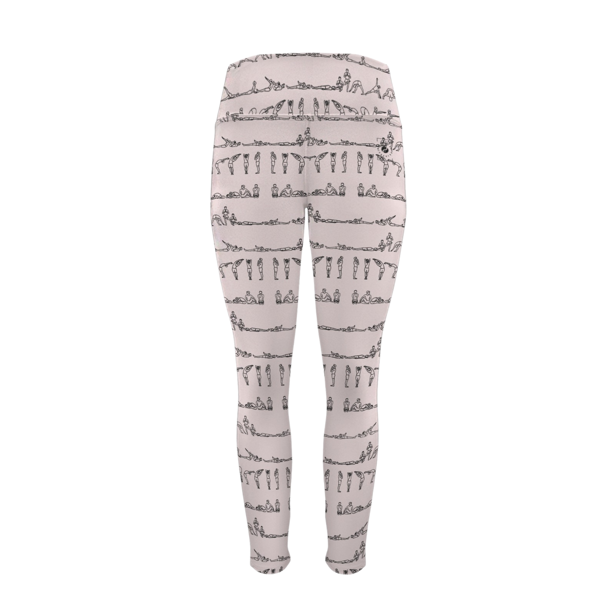 High-rise pastel leggings with a printed design of yoga poses, featuring two side pockets for convenience.