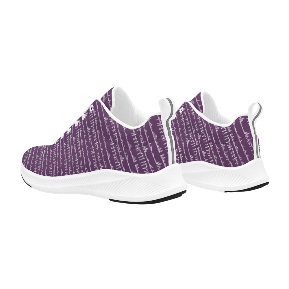 Bikram Ember iSquared Men Runners in purple with white abstract pattern and white sole; sleek and modern design.