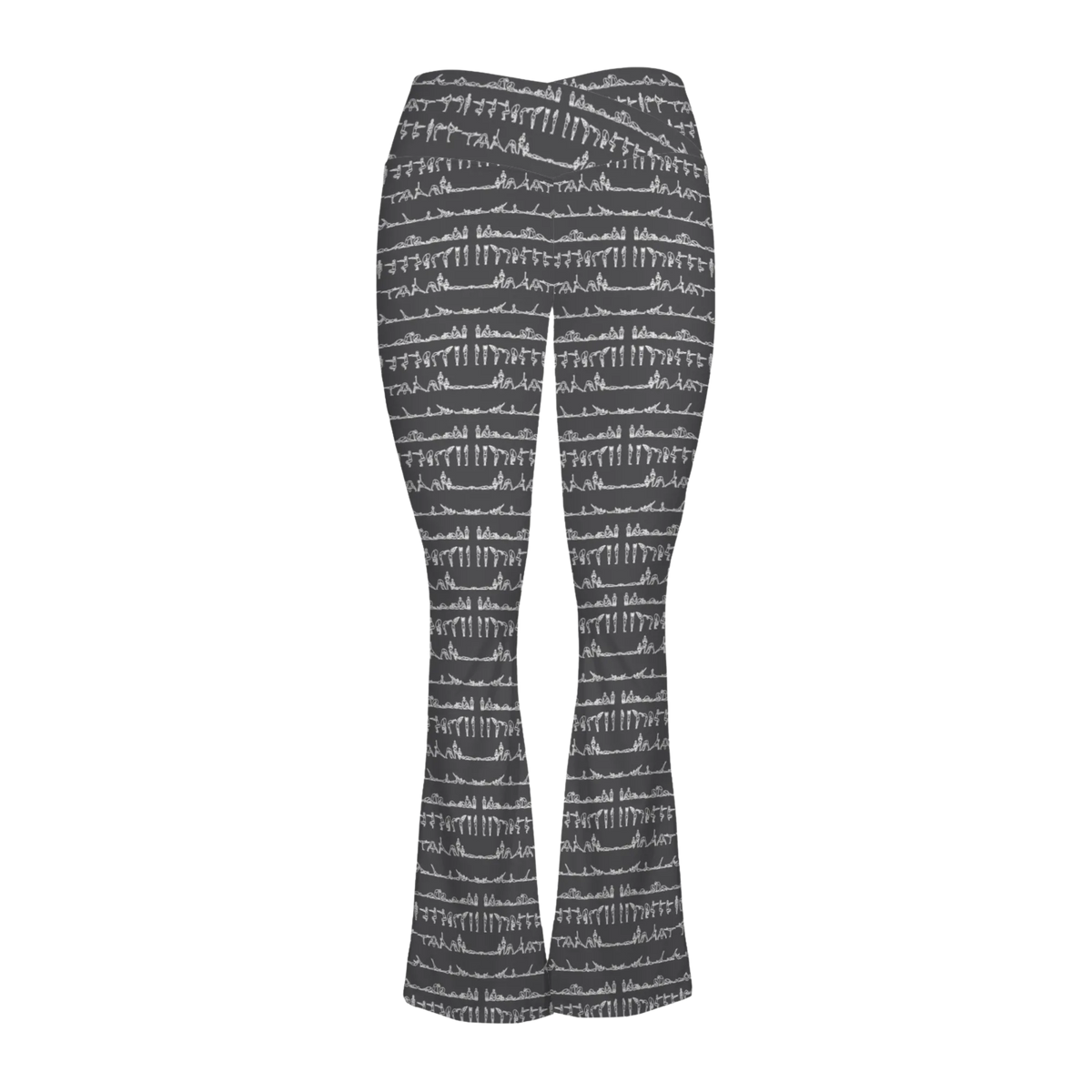 Bikram Ember Cross Waisted Flair Leggings with a textured black and white yoga motif, featuring a crossover waistband and flared legs.