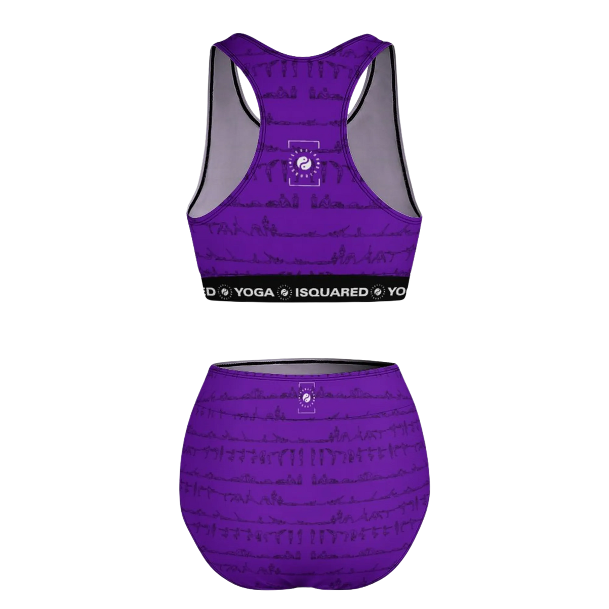 Bikram Series Hot Yoga Bikini Set in purple with black line print, featuring a racerback top and high-waisted bottom.