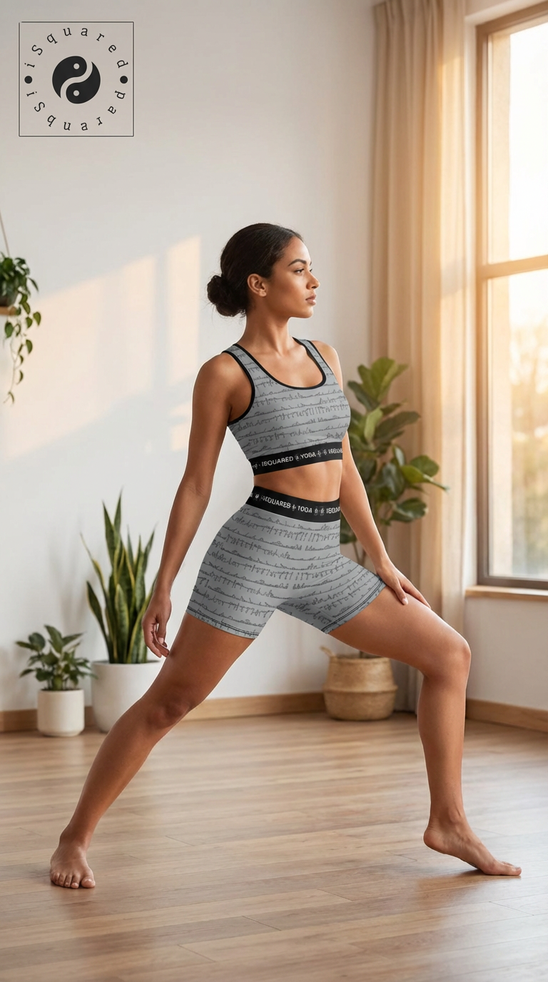 Bikram Pastel yoga set featuring a grey crop top and matching shorts, worn by a model in a yoga pose indoors.