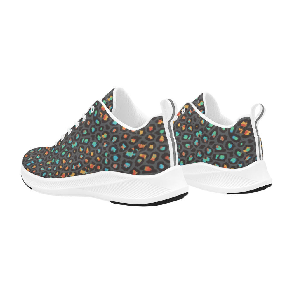Wild Leopards iSquared Men Runners feature a vibrant multi-color leopard print with a black background and a white sole.
