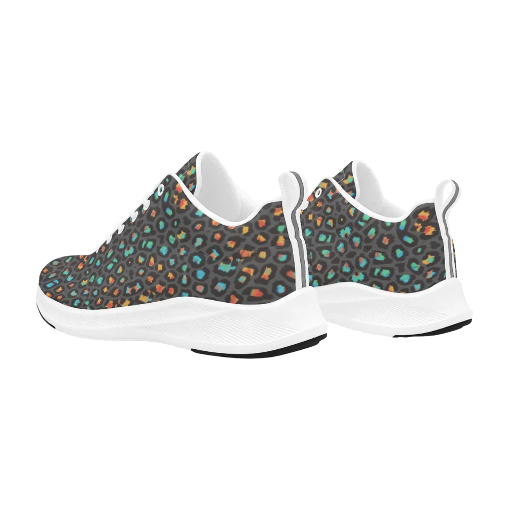 Wild Leopards iSquared Men Runners feature a vibrant multi-color leopard print with a black background and a white sole.