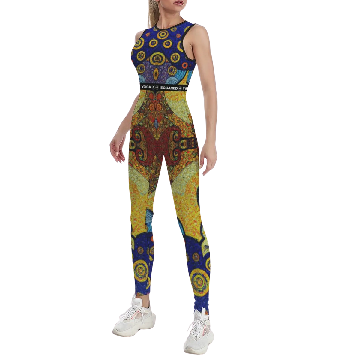 Sleeveless athletic jumpsuit featuring a colorful abstract pattern, worn with white sneakers. Form-fitting and body-contouring.