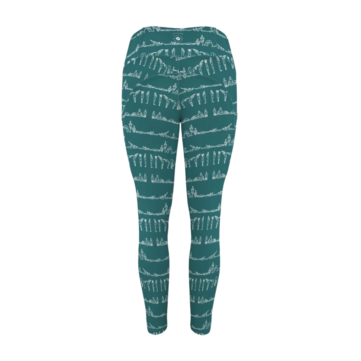 Bikram Ember pocket leggings in teal with white yoga pose pattern, featuring a high-rise waistband for support.