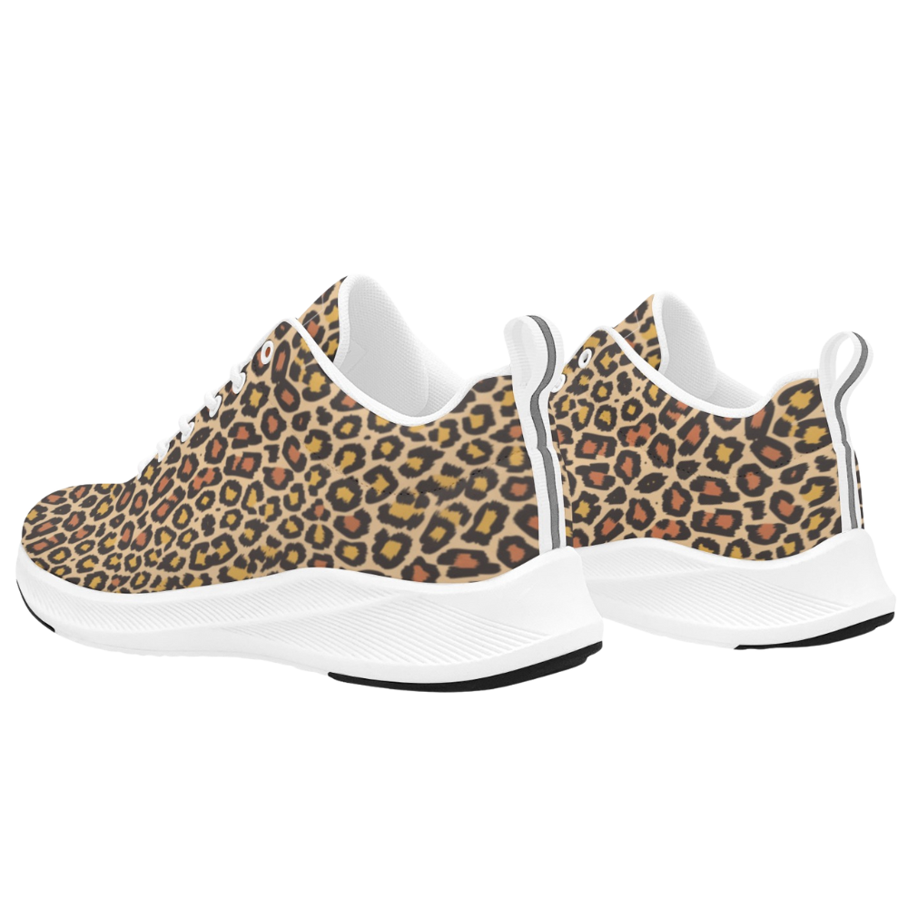 Wild Leopards iSquared Women Runners featuring a classic leopard print with golden and black spots, white soles.