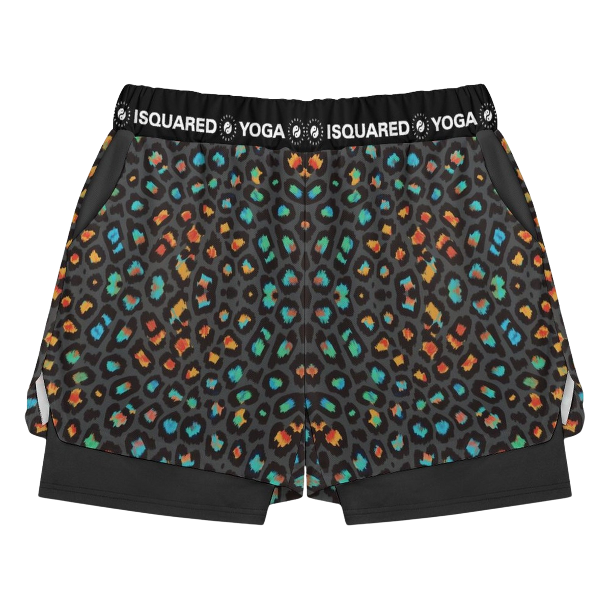 Compression yoga shorts in vibrant black and multicolored leopard print, featuring side pockets and an elastic waistband.