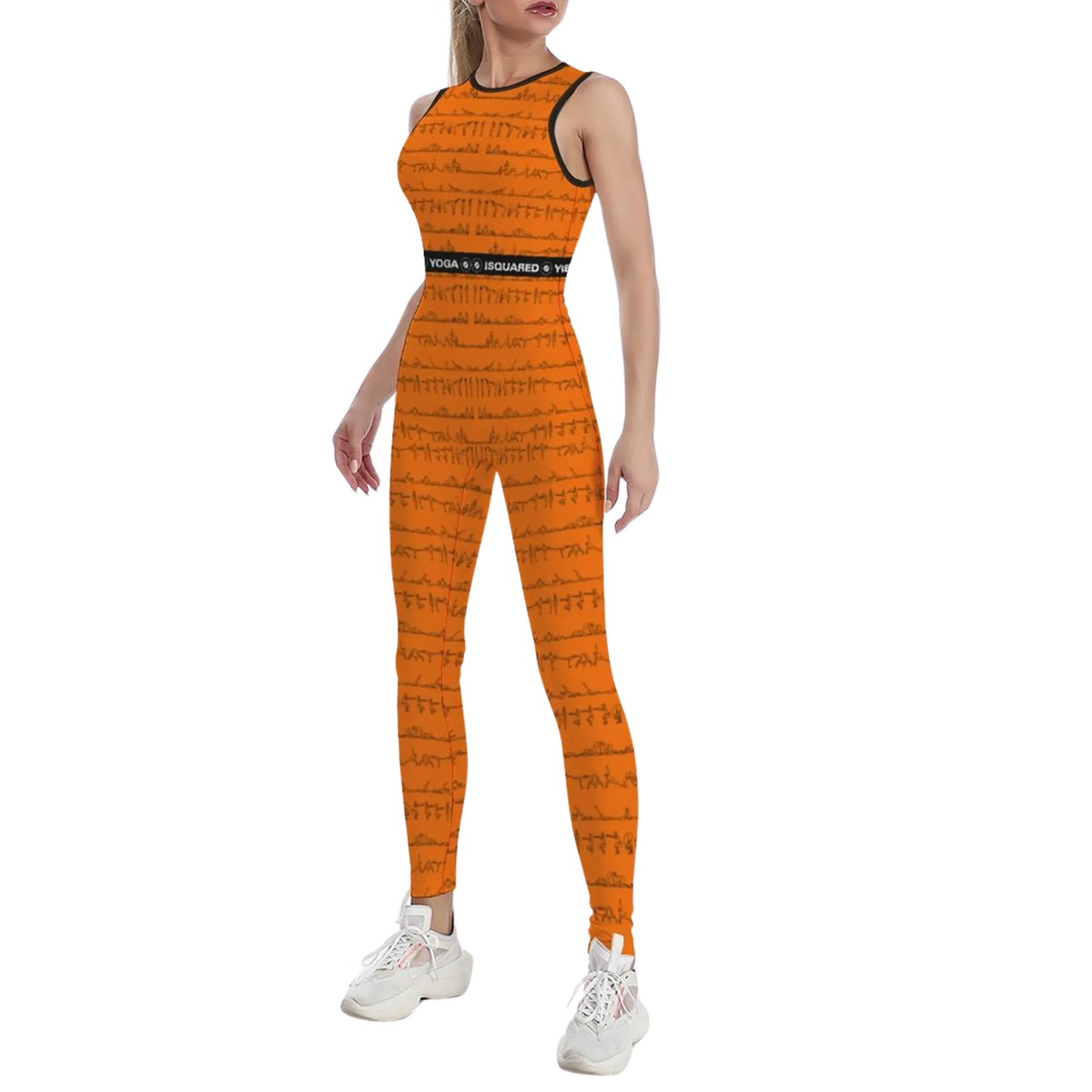Sleeveless orange jumpsuit with a black band, featuring a unique printed design, worn with white athletic shoes.