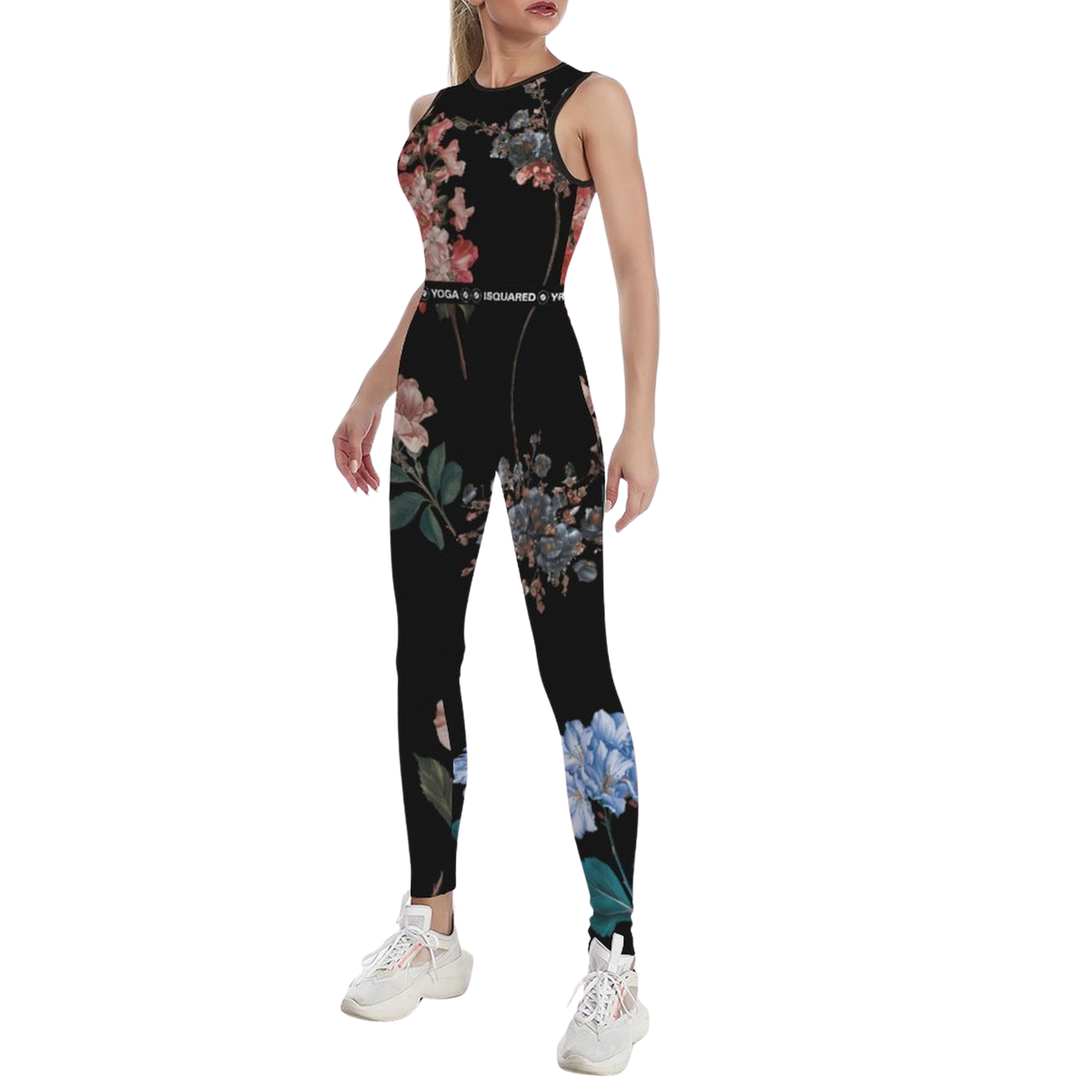 Sleeveless black jumpsuit with a floral print, featuring a body-hugging fit and white logo waistband, styled with sneakers.