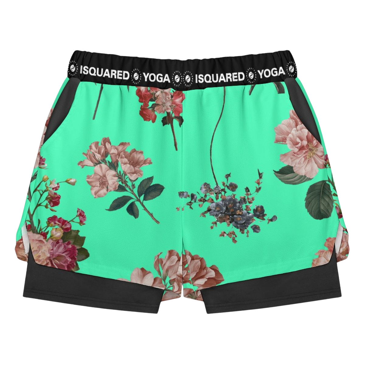 Vibrant turquoise compression yoga shorts featuring a floral print and a black elastic waistband with logo.