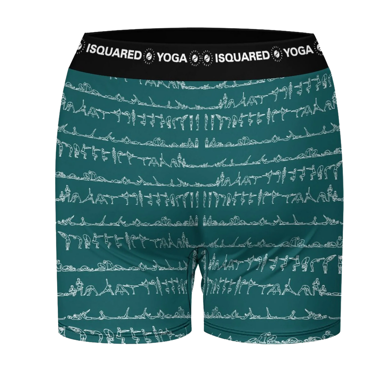 Bikram Ember yoga shorts in dark teal with white yoga poses design, featuring a wide, black elastic waistband.